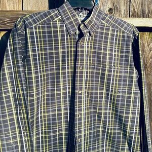 Ariat Pro Series Gray White and Green Plaid Button Down Cotton Shirt Men Medium